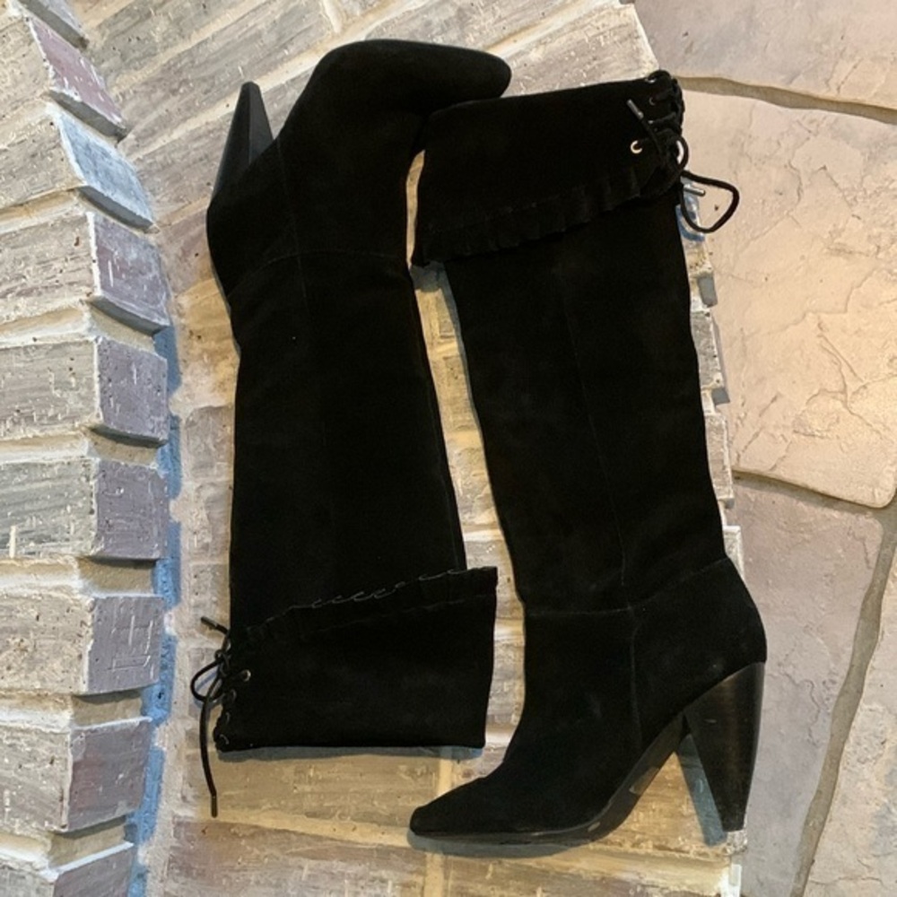 BCBGeneration “Sanji” Black Suede 3.5” Heeled OTK Tall Pull-on Boots 8